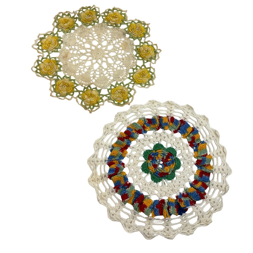 Vintage Handmade Crochet Doilies Set of 2 Yellow Rose 3D Floral Lace Multi-Color